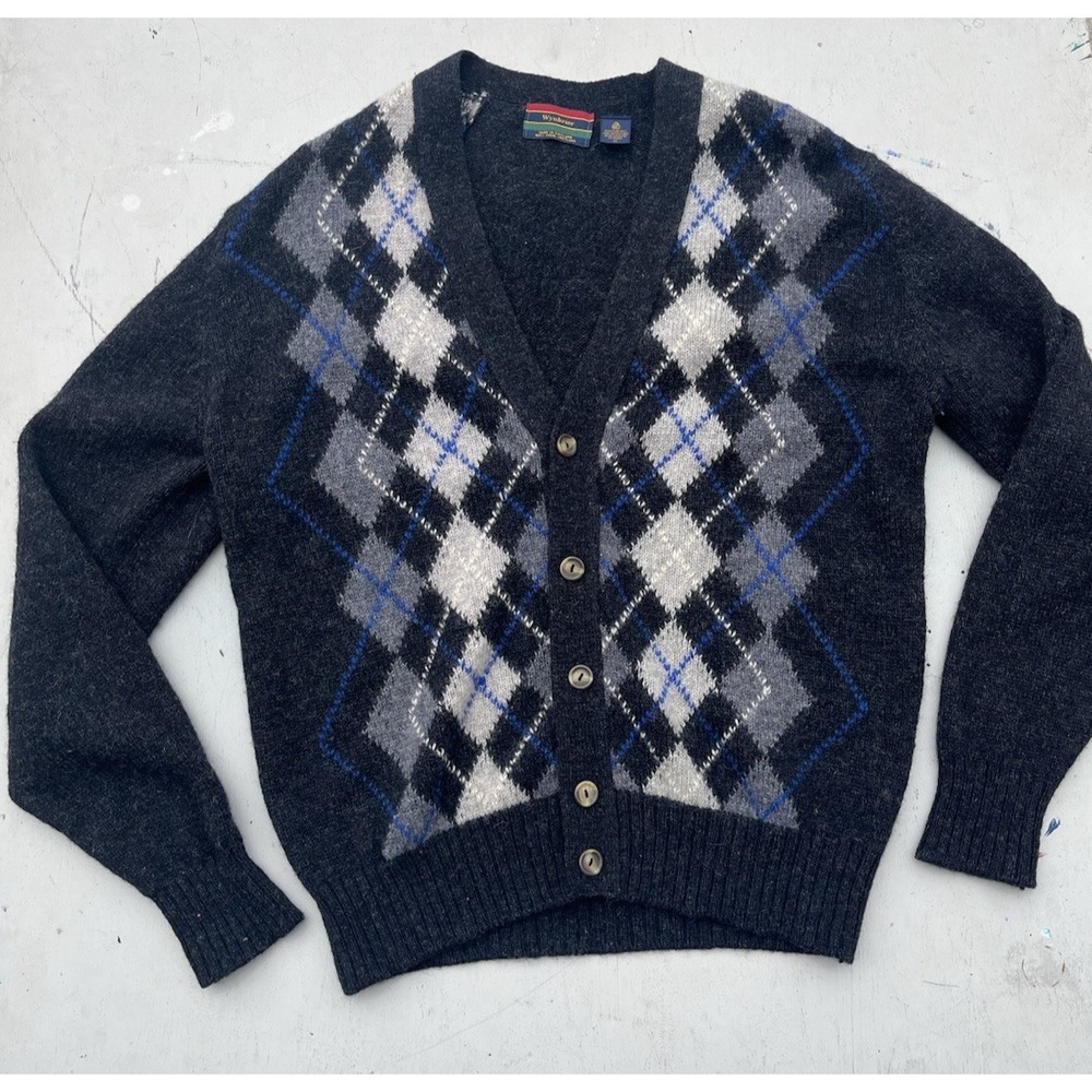 Men's Vintage Wynbrier Sweater Multicolor‎ Argyle M Cardigan Shetland England